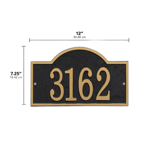 Handcrafted black and gold arched rectangle address plaque with raised numbers, designed to enhance curb appeal in Home & Decor, Household Helpers, Mailboxes and Address Signs, and USA Made collections.