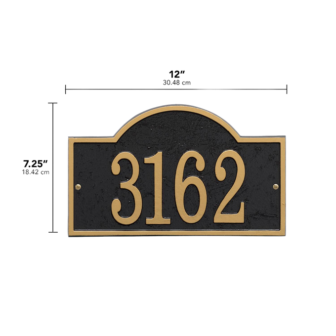 Handcrafted black and gold arched rectangle address plaque with raised numbers, designed to enhance curb appeal in Home & Decor, Household Helpers, Mailboxes and Address Signs, and USA Made collections.