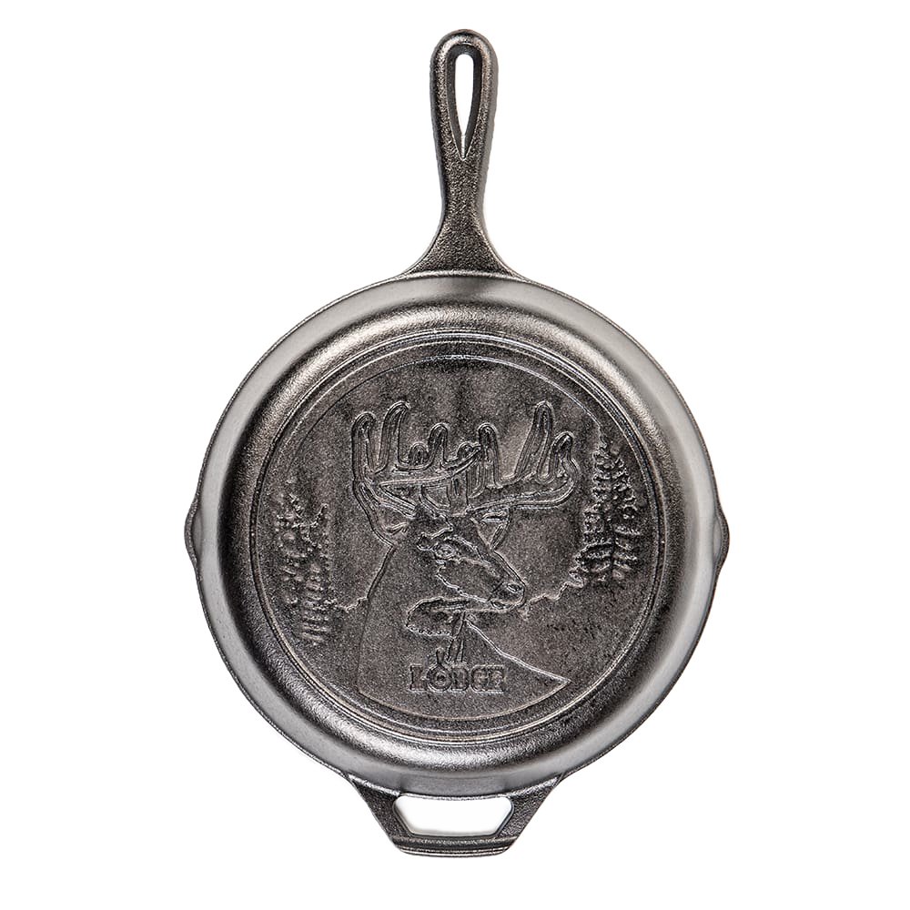 Handcrafted cast iron skillet with 10.25-inch diameter featuring a detailed deer design, made in USA, perfect for Kitchen & Food, Cookware, Cast Iron, USA Made, and Best Sellers collections.