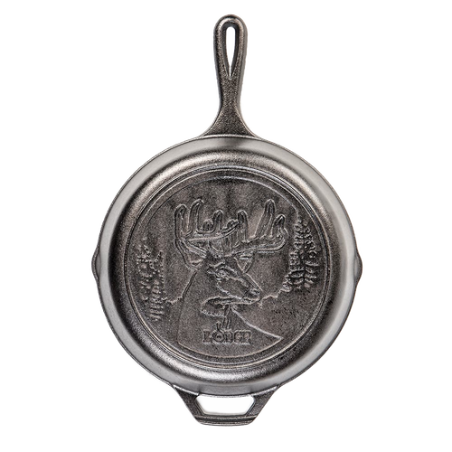 Handcrafted cast iron skillet with 10.25-inch diameter featuring a detailed deer design, made in USA, perfect for Kitchen & Food, Cookware, Cast Iron, USA Made, and Best Sellers collections.