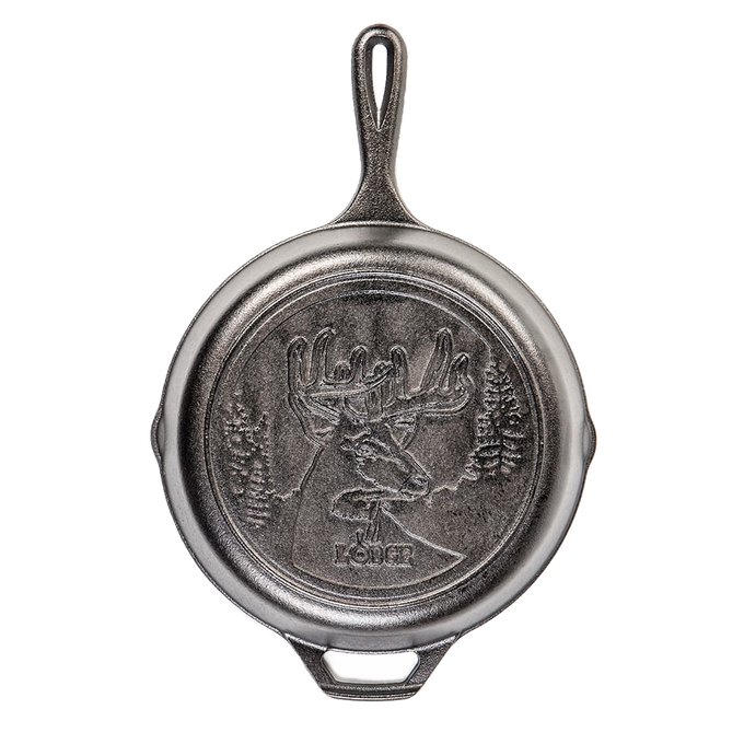 Handcrafted cast iron skillet with 10.25-inch diameter featuring a detailed deer design, made in USA, perfect for Kitchen & Food, Cookware, Cast Iron, USA Made, and Best Sellers collections.