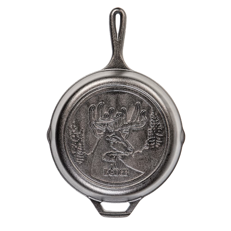 Handcrafted cast iron skillet with 10.25-inch diameter featuring a detailed deer design, made in USA, perfect for Kitchen & Food, Cookware, Cast Iron, USA Made, and Best Sellers collections.
