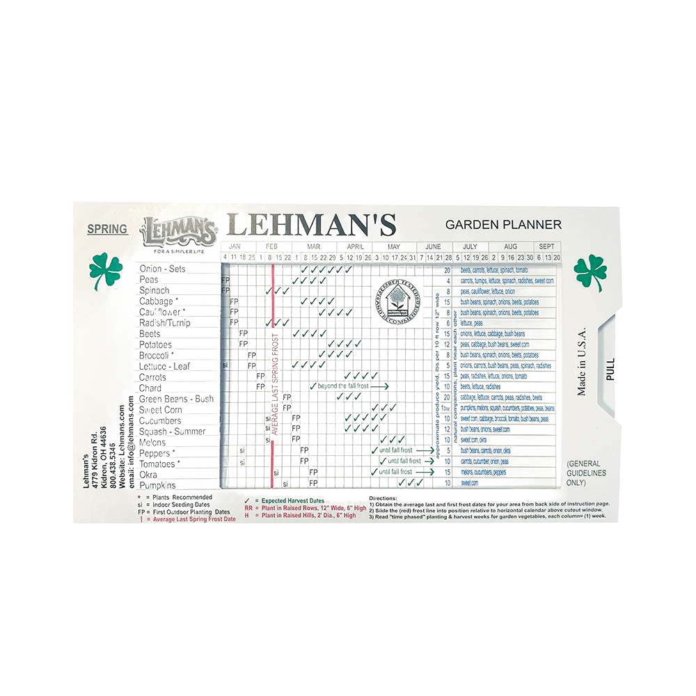 Handcrafted sliding garden planner printed with spring planting and harvesting dates, featuring frost date adjustment guide, designed for Farm, Garden & Tool and USA Made collections.