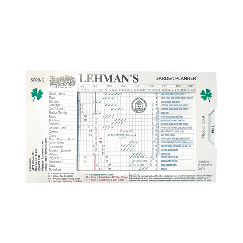 Handcrafted sliding garden planner printed with spring planting and harvesting dates, featuring frost date adjustment guide, designed for Farm, Garden & Tool and USA Made collections.