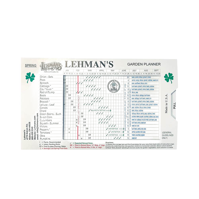 Handcrafted sliding garden planner printed with spring planting and harvesting dates, featuring frost date adjustment guide, designed for Farm, Garden & Tool and USA Made collections.