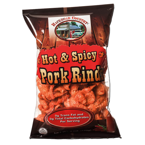 Bag of handcrafted hot and spicy pork rinds made in USA with zero trans fat and carbs, a savory snack popular in Kitchen & Food, Snacks and Sweets, USA Made, Best Sellers, and Promo Eligible collections.