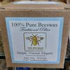 Packaging label for handcrafted 100% pure beeswax traditional pillar candle by The Bee Man Candle Company, emphasizing natural, simple, and elegant qualities, included in USA Made and Candles collections.