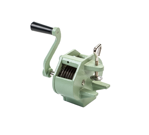 Sturdy hand-cranked kitchen gadget with stainless steel blades and aluminum body, clamps securely to surfaces, designed for precise food prep in Kitchen & Food and Best Sellers collections.
