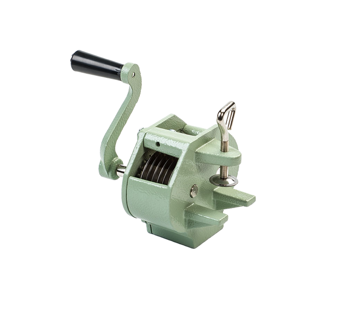 Sturdy hand-cranked kitchen gadget with stainless steel blades and aluminum body, clamps securely to surfaces, designed for precise food prep in Kitchen & Food and Best Sellers collections.