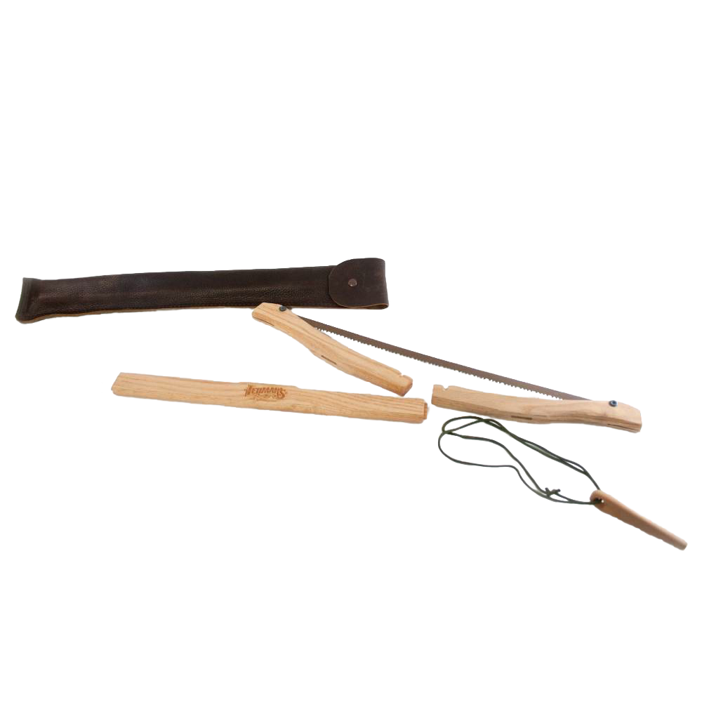 Handcrafted wooden bow saw with a high carbon steel blade and tensioning rope, accompanied by a dark brown leather case, featured in Farm, Garden & Tool and Wood Cutting collections.