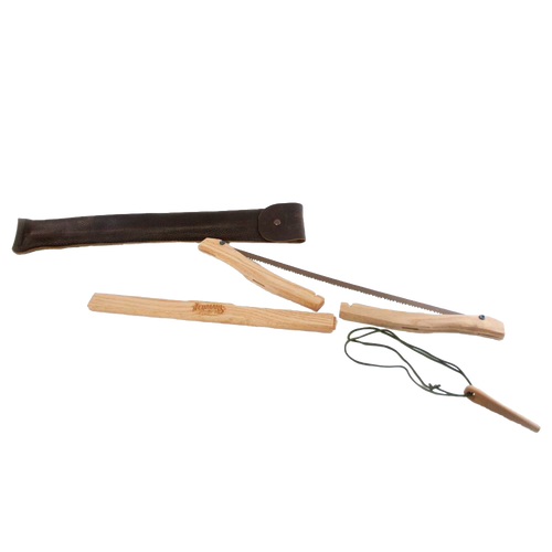 Handcrafted wooden bow saw with a high carbon steel blade and tensioning rope, accompanied by a dark brown leather case, featured in Farm, Garden & Tool and Wood Cutting collections.