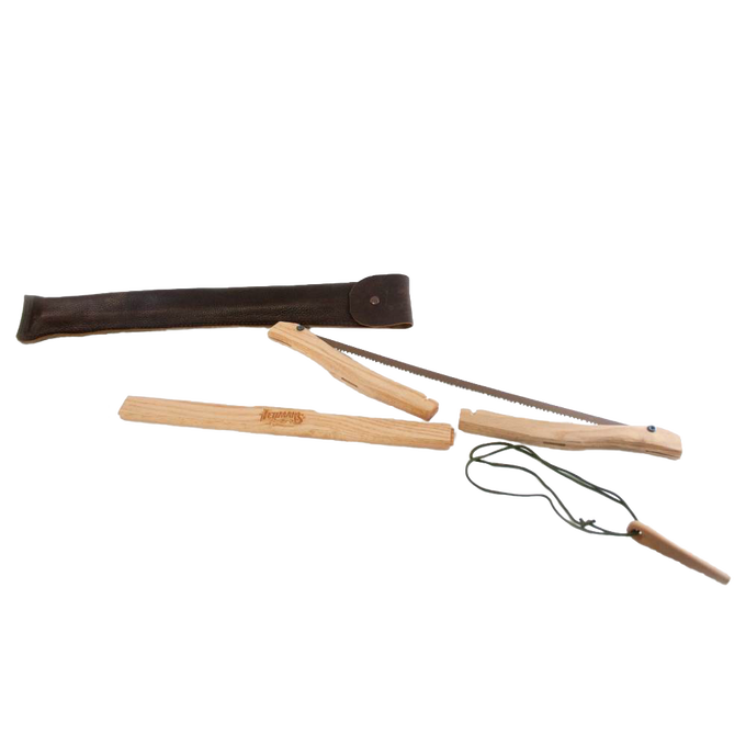Handcrafted wooden bow saw with a high carbon steel blade and tensioning rope, accompanied by a dark brown leather case, featured in Farm, Garden & Tool and Wood Cutting collections.