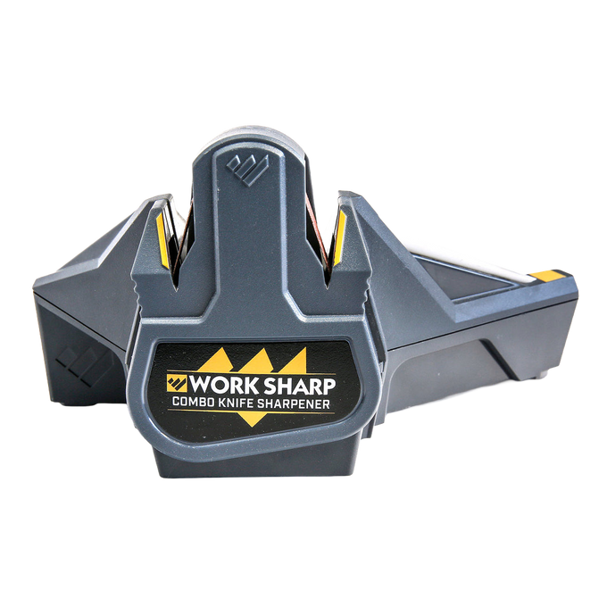 Compact and sturdy handheld knife sharpener with powered abrasive belt and manual ceramic honing, designed for fast, precise sharpening of various knives in Kitchen & Food and Farm, Garden & Tool collections.
