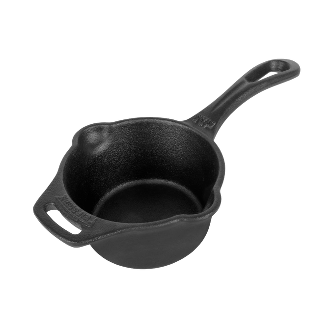 Small cast iron sauce pot with long handle and side loop, designed for making rich sauces and roux, ideal for Kitchen & Food, Camping, Cast Iron, and Cookware collections.