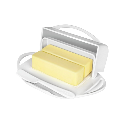 White flip-top butter dish featuring two rectangular butter blocks and a matching spreader resting in a custom cradle, designed for tidy, mess-free use in Kitchen & Food and Kitchen Gadgets collections.