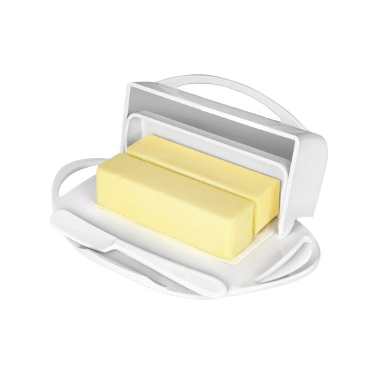 White flip-top butter dish featuring two rectangular butter blocks and a matching spreader resting in a custom cradle, designed for tidy, mess-free use in Kitchen & Food and Kitchen Gadgets collections.
