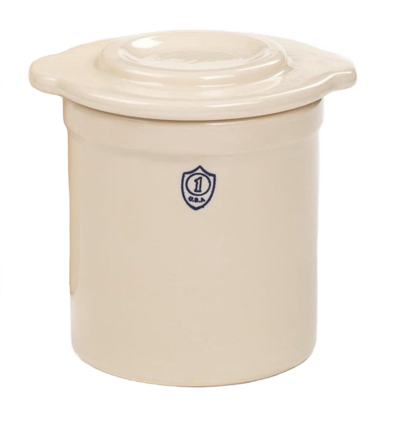 Cream-colored stoneware lid with integrated side handles, crafted in USA, designed to fit numbered and utility crocks for kitchen food preservation, fermenting, and pickling collections.