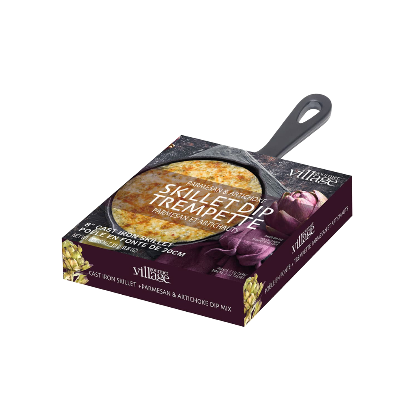 Package of a handcrafted dip mix kit featuring a Parmesan and artichoke blend with an included 8-inch cast iron skillet, ideal for Kitchen & Food, Dry Goods and Mixes, Best Sellers collections.