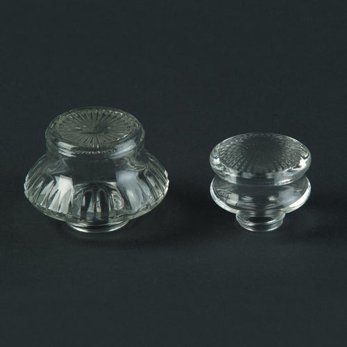Set of two clear glass percolator tops in small and large sizes with textured designs, crafted for secure fit and durable use in Kitchen & Food, Brewing Coffee and Tea, and Best Sellers collections.
