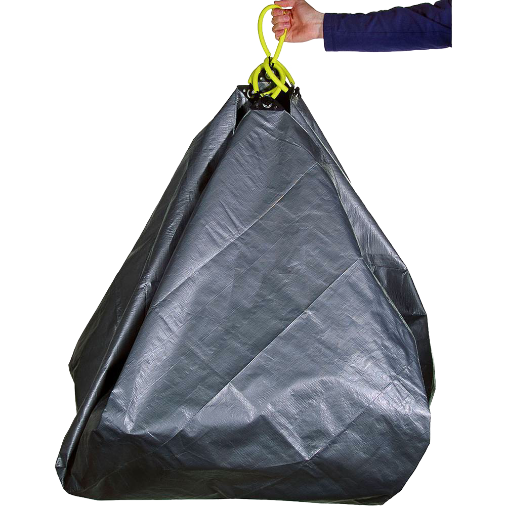 Hand holding woven polyethylene and nylon garden tarp with four reinforced soft grip handles linked by yellow cord, designed for easy yard cleanup, ideal for Farm, Garden & Tool and Lawncare collections.