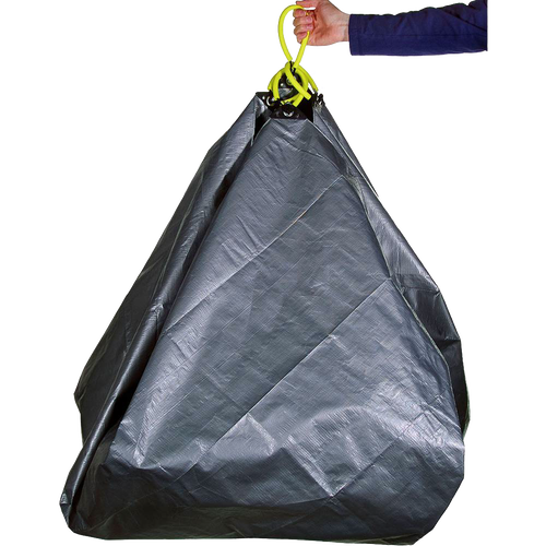 Hand holding woven polyethylene and nylon garden tarp with four reinforced soft grip handles linked by yellow cord, designed for easy yard cleanup, ideal for Farm, Garden & Tool and Lawncare collections.