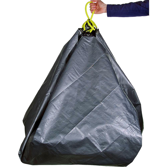 Hand holding woven polyethylene and nylon garden tarp with four reinforced soft grip handles linked by yellow cord, designed for easy yard cleanup, ideal for Farm, Garden & Tool and Lawncare collections.