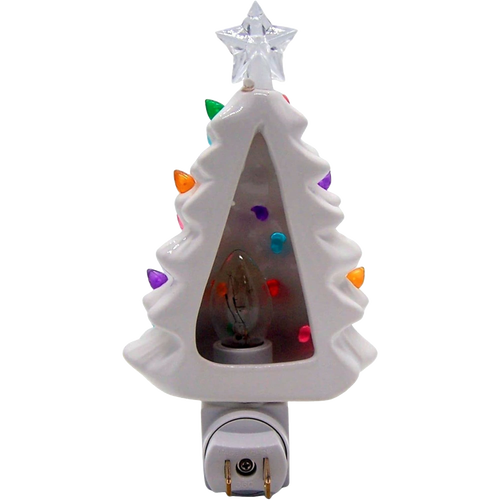Handcrafted ceramic nightlight shaped like a vintage white Christmas tree with colorful bulbs in purple, pink, green, red, yellow, blue, clear star topper, perfect for Home & Decor, Holiday Decor, Best Sellers, Promo Eligible collections.