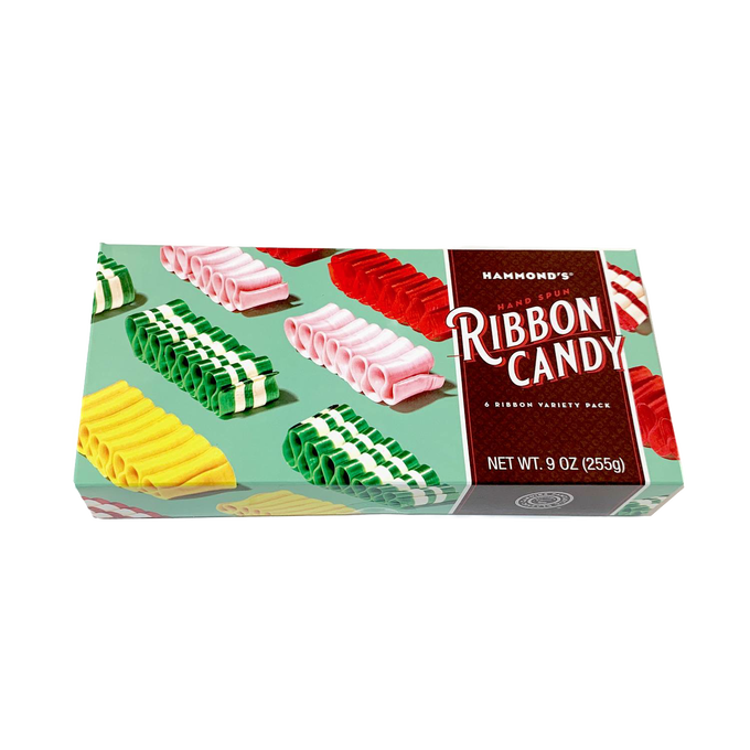 Assorted handspun ribbon candy in a colorful gift box, featuring multiple flavors and handcrafted quality, perfect for Kitchen & Food, Snacks and Sweets, and USA Made collections.