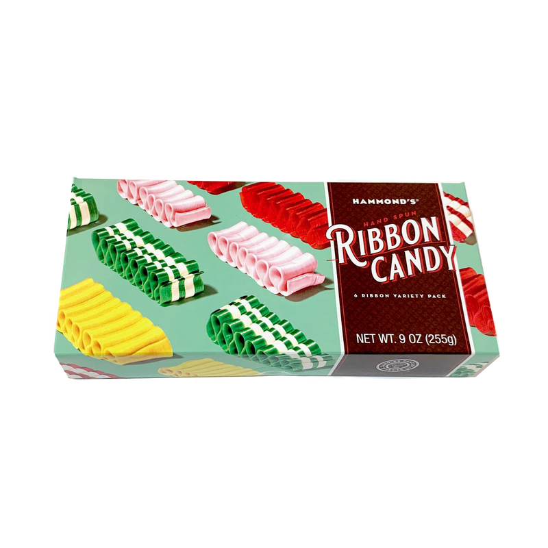 Assorted handspun ribbon candy in a colorful gift box, featuring multiple flavors and handcrafted quality, perfect for Kitchen & Food, Snacks and Sweets, and USA Made collections.