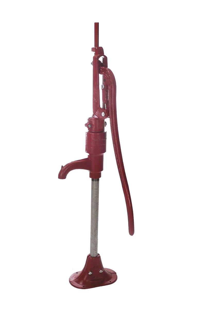 Handcrafted large-capacity water pump in red with durable metal construction and long handle, designed for deep wells; featured in Appliances, USA Made, Water Pumps, and Best Sellers collections.
