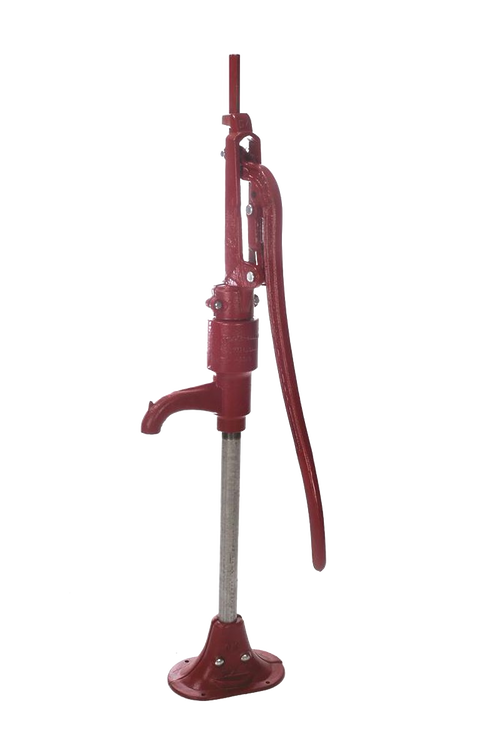Handcrafted large-capacity water pump in red with durable metal construction and long handle, designed for deep wells; featured in Appliances, USA Made, Water Pumps, and Best Sellers collections.