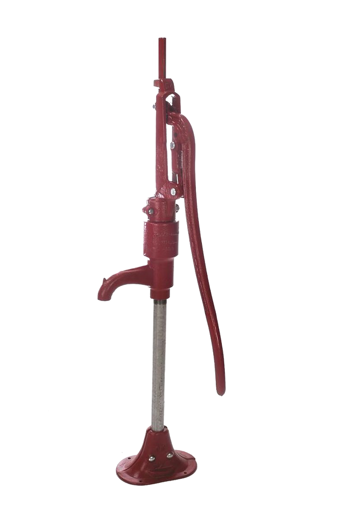 Handcrafted large-capacity water pump in red with durable metal construction and long handle, designed for deep wells; featured in Appliances, USA Made, Water Pumps, and Best Sellers collections.
