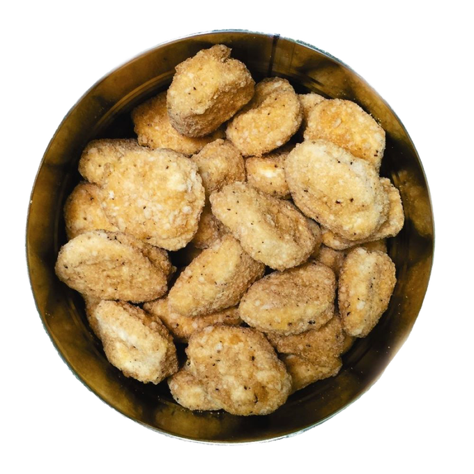 Round metal container filled with golden freeze-dried chicken nuggets, handcrafted and made in USA, featured in Kitchen & Food, Freeze Dried, Food, and Best Sellers collections.