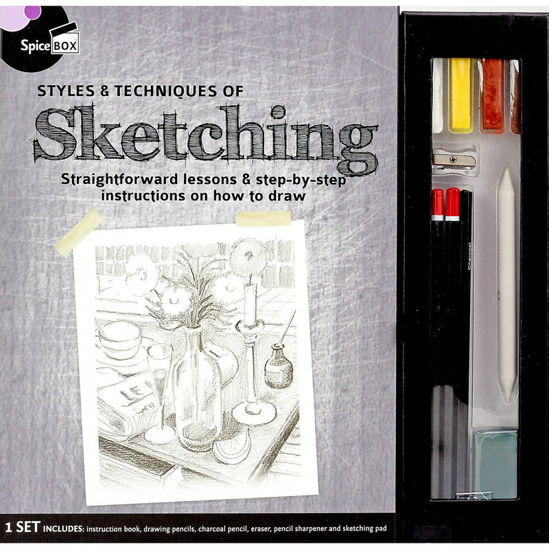 Sketching kit package featuring step-by-step lessons with drawing tools including pencils, eraser, sharpener, and sketch pad for creative arts and crafts, children's toys, and best sellers.
