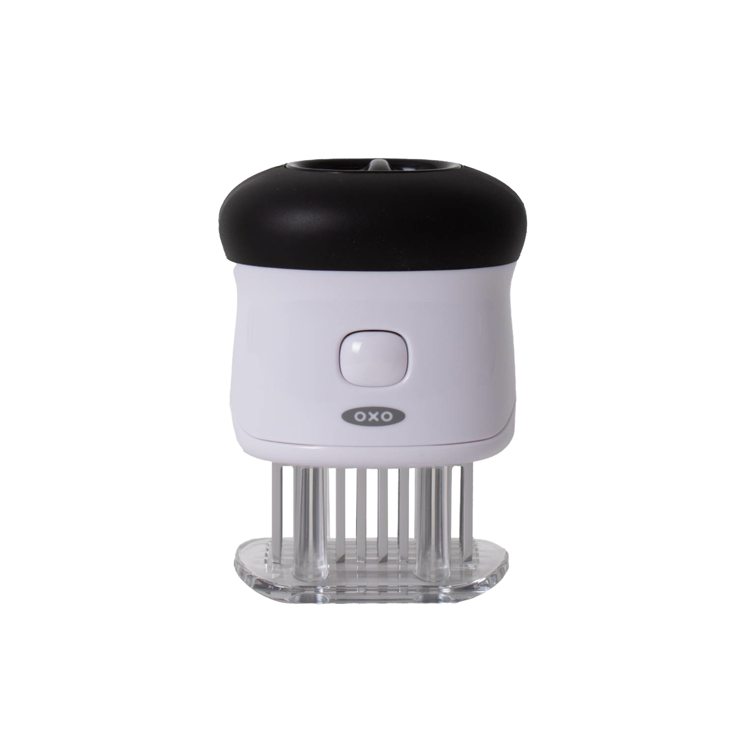 Compact white and black bladed meat tenderizer with 58 stainless steel blades, featuring a safety lock and non-slip grip, ideal for Kitchen & Food and Specialty Equipment collections.