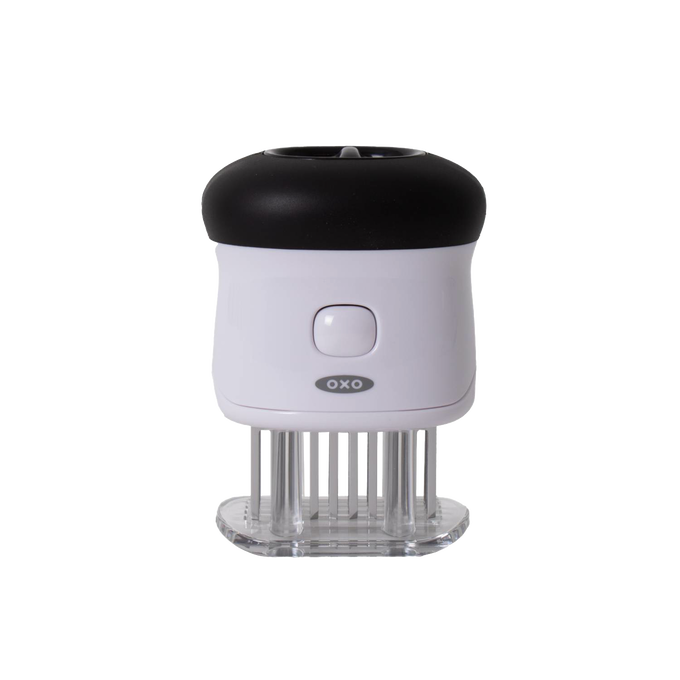 Compact white and black bladed meat tenderizer with 58 stainless steel blades, featuring a safety lock and non-slip grip, ideal for Kitchen & Food and Specialty Equipment collections.