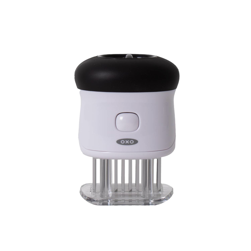 Compact white and black bladed meat tenderizer with 58 stainless steel blades, featuring a safety lock and non-slip grip, ideal for Kitchen & Food and Specialty Equipment collections.