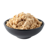 Black bowl filled with pale freeze-dried meat chunks from a ReadyWise survival food bucket, ideal for emergency supplies and long-term storage, USA made and best seller.