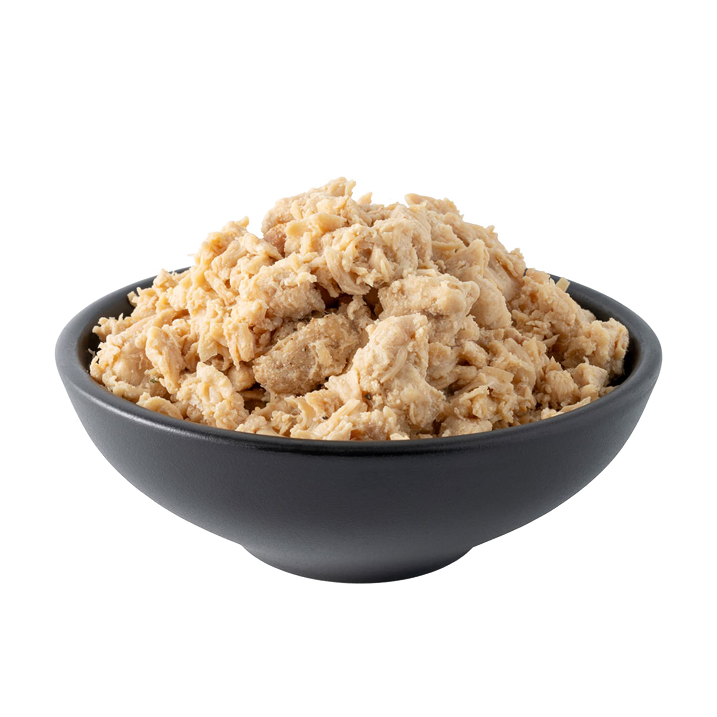 Black bowl filled with pale freeze-dried meat chunks from a ReadyWise survival food bucket, ideal for emergency supplies and long-term storage, USA made and best seller.