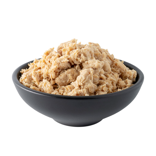 Black bowl filled with pale freeze-dried meat chunks from a ReadyWise survival food bucket, ideal for emergency supplies and long-term storage, USA made and best seller.