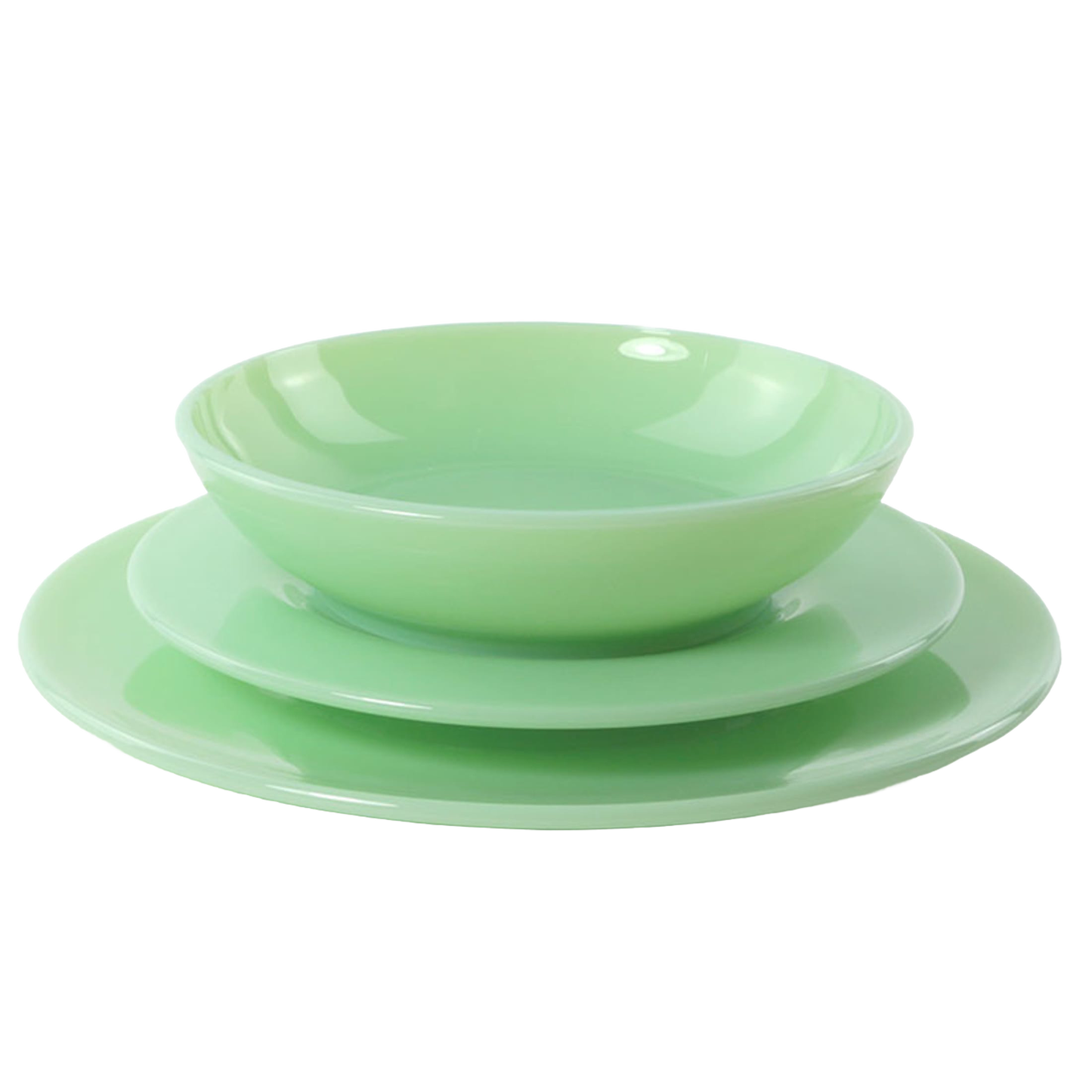 Set of three handmade green glass dishes with smooth finish, perfect for Kitchen & Food, Dinnerware, Storage and Serving, USA Made, and Best Sellers collections.
