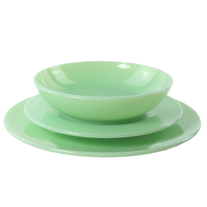 Set of three handmade green glass dishes with smooth finish, perfect for Kitchen & Food, Dinnerware, Storage and Serving, USA Made, and Best Sellers collections.