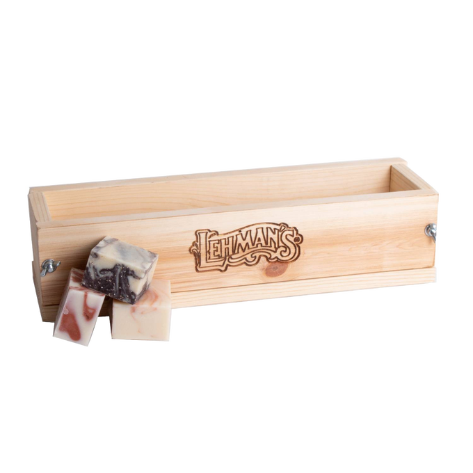 Handcrafted wooden soap mold made from durable pine with adjustable metal wingnuts and engraved branding, ideal for cold process soapmaking in Health & Wellness, Soaps and Soapmaking, and USA Made collections.