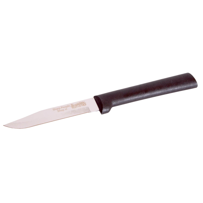 Handcrafted serrated paring knife with fine serrated stainless steel blade and smooth black handle, made in USA, ideal for Farm, Garden & Tool, Kitchen & Food, and Knives & Axes collections.