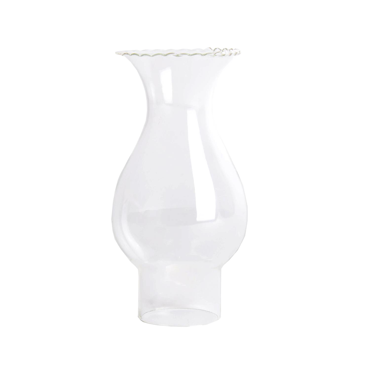 Handcrafted clear glass oil lamp chimney with a crimped top and 1-4/7" base, designed for use in Lamps & Lighting, Parts and Accessories, Chimneys and Globes, Best Sellers, and Promo Eligible collections.
