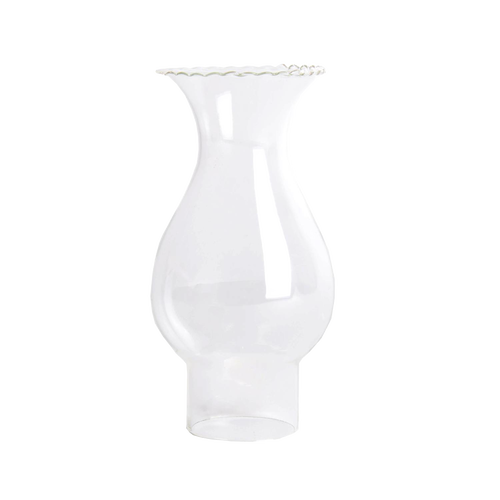 Handcrafted clear glass oil lamp chimney with a crimped top and 1-4/7" base, designed for use in Lamps & Lighting, Parts and Accessories, Chimneys and Globes, Best Sellers, and Promo Eligible collections.