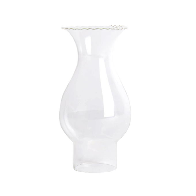 Handcrafted clear glass oil lamp chimney with a crimped top and 1-4/7" base, designed for use in Lamps & Lighting, Parts and Accessories, Chimneys and Globes, Best Sellers, and Promo Eligible collections.