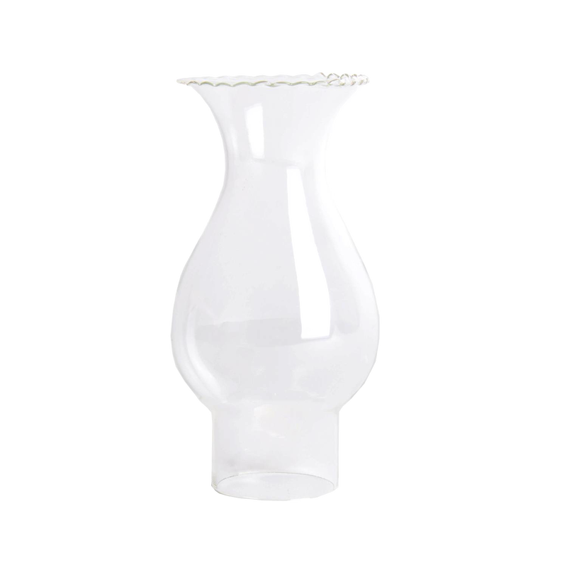 Handcrafted clear glass oil lamp chimney with a crimped top and 1-4/7" base, designed for use in Lamps & Lighting, Parts and Accessories, Chimneys and Globes, Best Sellers, and Promo Eligible collections.