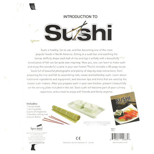 Set featuring bamboo rolling mat, ceramic serving plate with sauce dishes, chopsticks, and a recipe book, designed for Kitchen & Food, Cookbooks, and Dinnerware collections.
