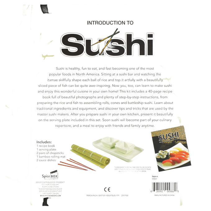 Set featuring bamboo rolling mat, ceramic serving plate with sauce dishes, chopsticks, and a recipe book, designed for Kitchen & Food, Cookbooks, and Dinnerware collections.